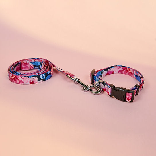 Set met hondenriem en halsband met patroon | Roze bloemen