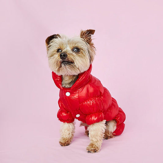Warm Puffer Dog Jumpsuit | Red